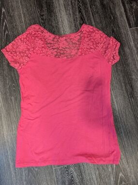 Ambiance Hot Pink Lace Yoke Short Sleeve Top